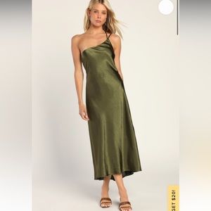 NWT Lulu’s The One That Got Away Olive Green Satin One-Shoulder Midi Dress